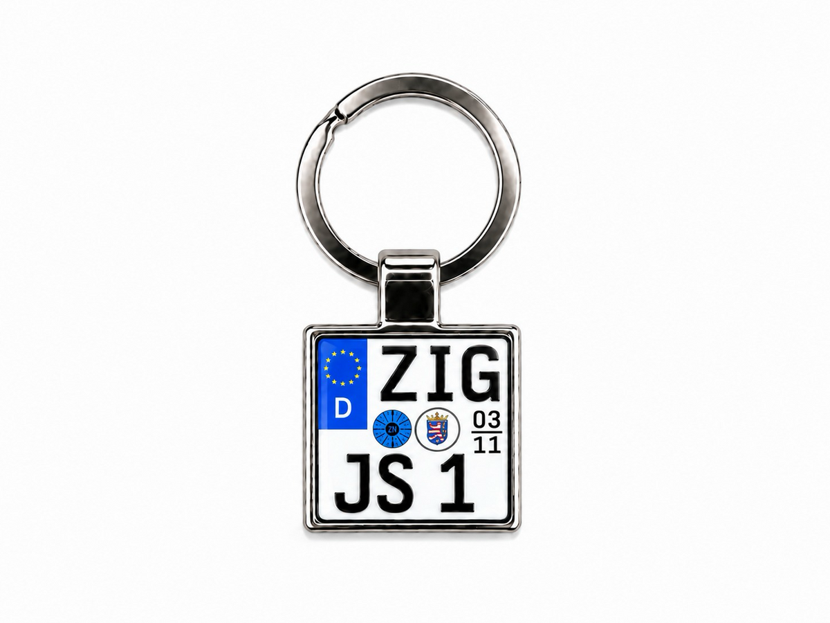 Schlüsselanhänger aus Metall mit zweizeiligem Kennzeichen ZIG JS 1, Euro-Feld, TÜV-Plakette, Wappen und Saisonzeitraum 03/11