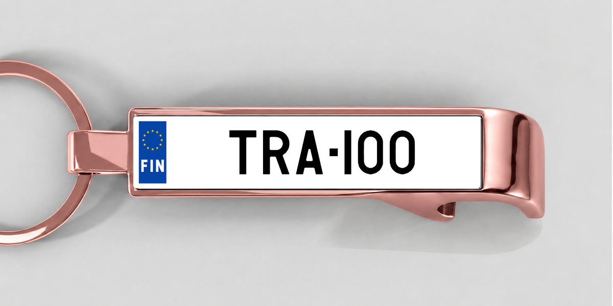 Finnland – Flaschenöffner mit personalisiertem Kennzeichen – Roségold