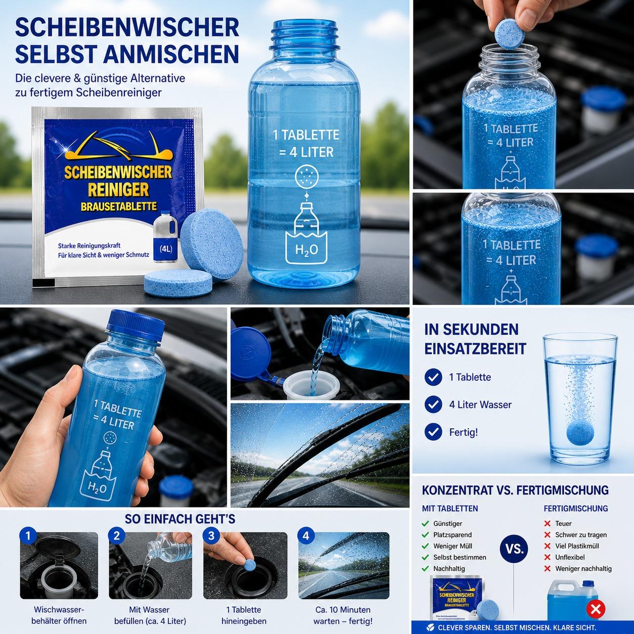 Scheibenwischer-Reiniger Tabletten - Scheibenreiniger selbst anmischen - 10 Stk für 40 Liter