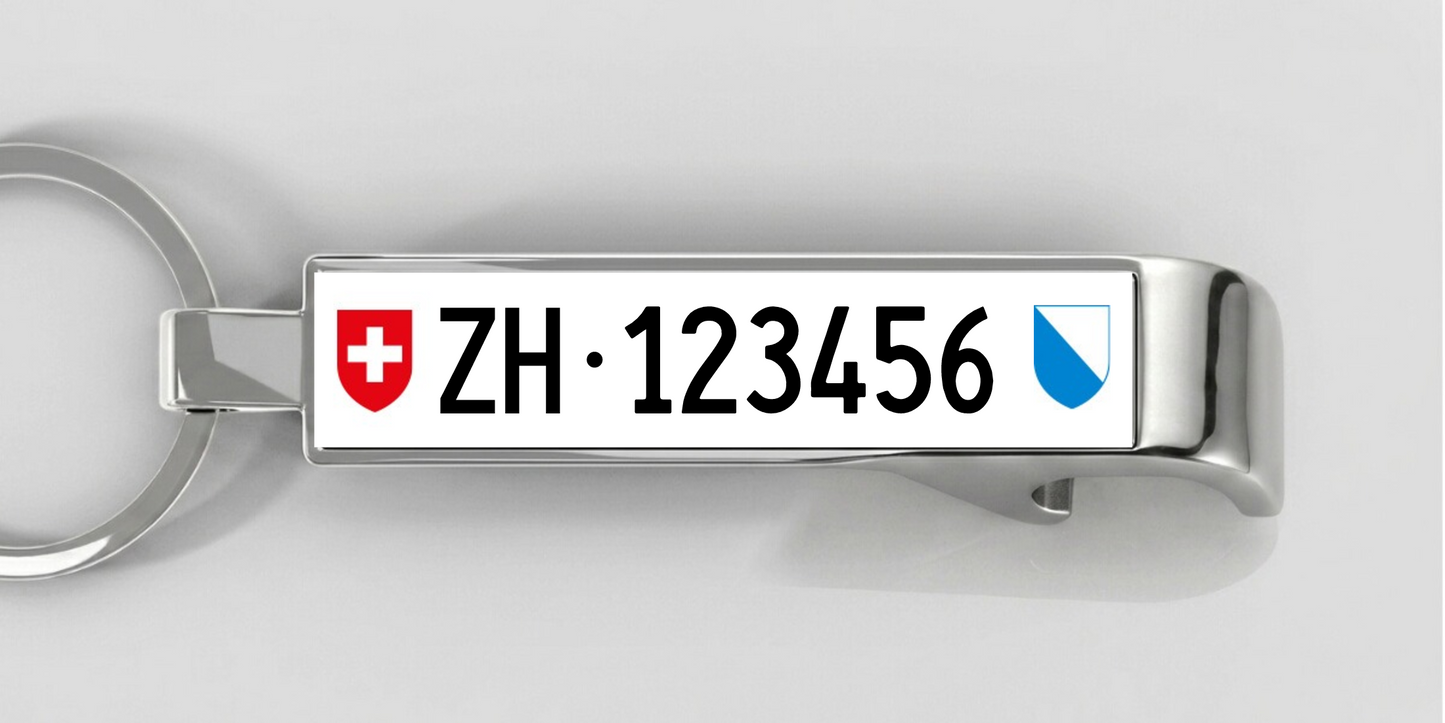 Schweiz – Flaschenöffner mit personalisiertem Kennzeichen – Silber